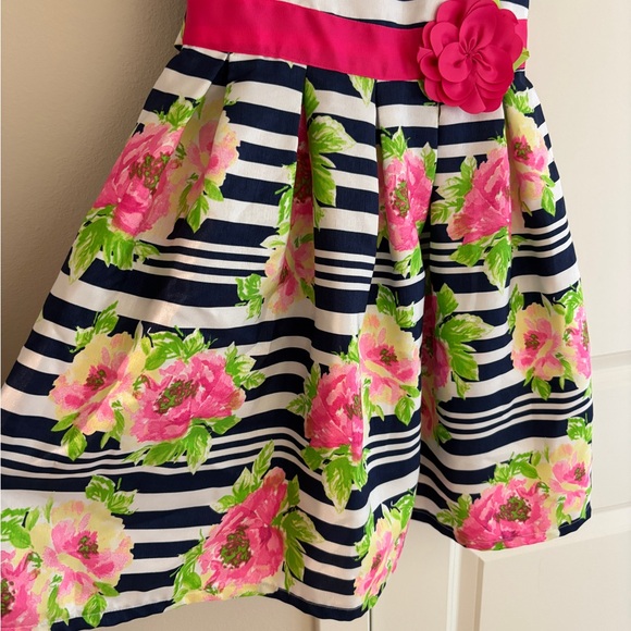 Jona Michelle Navy Striped Floral Sleeveless Lined Party Dress, Girls Size 7 - Picture 3 of 12